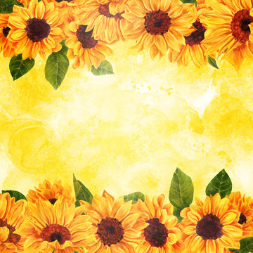 Vibrant watercolour sunflowers on golden texture with copyspace