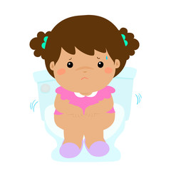 Cute girl sitting toilet seat with diarrhea cartoon vector.
