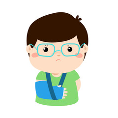 Cute boy hand bone broken from accident with arm splint vector.