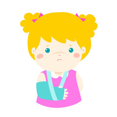 Cute girl hand bone broken from accident with arm splint vector.