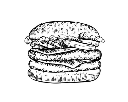 Isolated Detail Vintage Hand Drawn Food Sketch Illustration - Hamburger