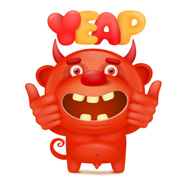 Funny cartoon red little devil emoji character with yeap title