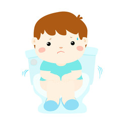 Cute boy sitting toilet seat with diarrhea cartoon vector.