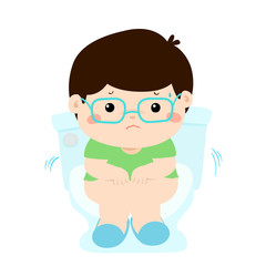 Cute boy sitting toilet seat with diarrhea cartoon vector.
