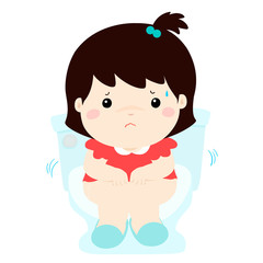 Fototapeta premium Cute girl sitting toilet seat with diarrhea cartoon vector.