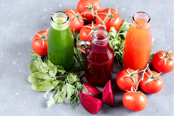 Detox diet. Healthy eating. Different colorful fresh juices Vegetables juice Top view Copy space