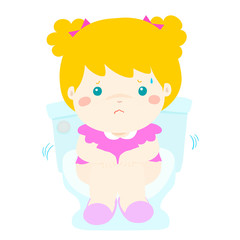 Cute girl sitting toilet seat with diarrhea cartoon vector.