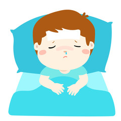 Little sick boy in bed cartoon vector.