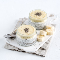 Chia seed pudding in glass jar. Superfoods concept with copy space. Healthy vegan food