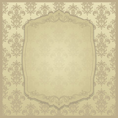 Golden Eastern floral decor. Template frame for greeting card and wedding invitation. Ornate vector border and place for your text.
