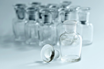 Vintage glass bottles for pharmacy bottles and science laboratory.