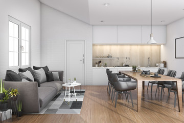 3d rendering wood loft kitchen with bar and sofa near door