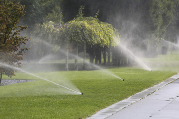 Water sprinklers watering lawn in park
