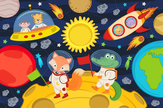 animals on moon in rocket and spacecraft - vector illustration, eps
