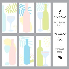 A set of creative brochures for a bar or alcohol store. Bottles and glasses in a minimalist style. Tropical leaves and abstract spots