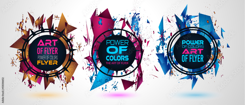Poster futuristic frame art design with abstract shapes and drops of colors