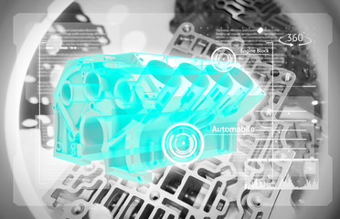 Augmented reality industrial magnifying glass lamp technology and engineering concept.  3d rendering of energy block application can be rotate 360 degrees and graphic. Automobile parts background.