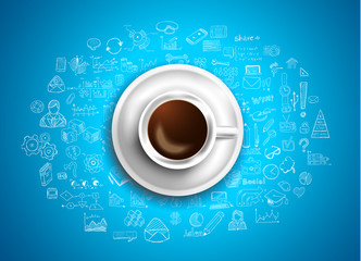 Infograph background template with a fresh coffee on table with infographic sketches