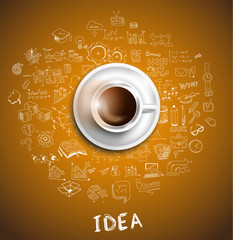 Infograph background template with a fresh coffee on table with infographic sketches