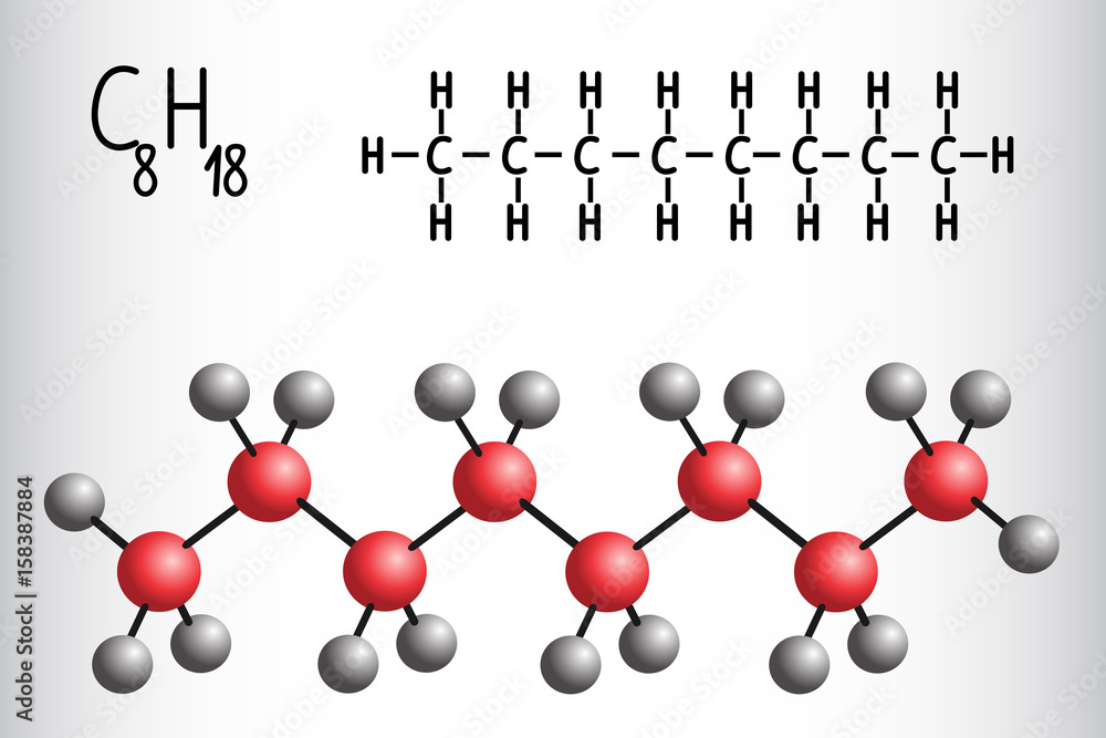 Poster Chemical formula and molecule model of Octane C8H18