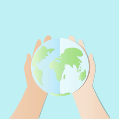 Ecology concept. save world or earth vector illustration, Hands try to holding The earth with Happy Earth Day text