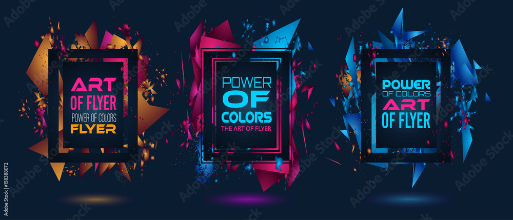 Poster futuristic frame art design with abstract shapes and drops of colors