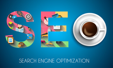 SEO Search engine optimization concept with Flat design and a lot of icons behind.
