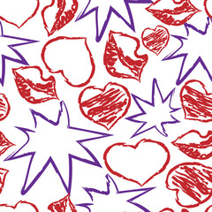 Seamless hearts pattern, lips and stars, outline icons and shapes, paint texture. Vector illustration.