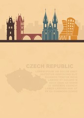 The template of the leaflets with a map of the Czech Republic and architectural attractions of Prague