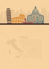 Obraz premium The template of the leaflets with a map and architectural attractions of Italy on old paper