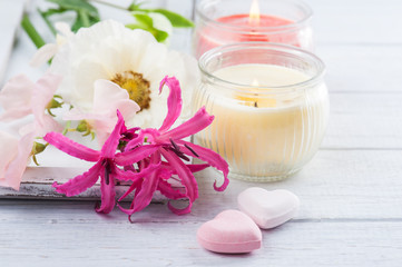 Bath bombs on old wooden background