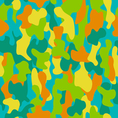 Camouflage seamless pattern in a yellow, green, blue and orange colors.
