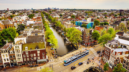 Amsterdam city from the top. General view from hight point at day time.