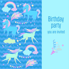 Happy birthday holiday card with rainbow, unicorn, cloud and fireworks on blue background