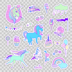 Unicorn multicolor stickers with unicorns, cake, sweets, ice-cream, cloud, stars and flag