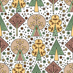 Vector hand drawn seamless pattern, decorative stylized childish trees. Doodle style, tribal graphic illustration. Ornamental cute hand drawing Series of doodle, cartoon, sketch seamless patterns - 158390860