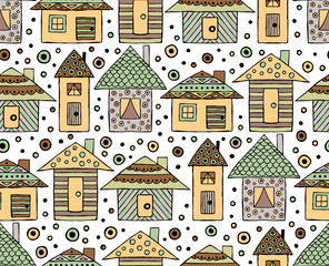 Vector hand drawn seamless pattern, decorative stylized childish houses Doodle style graphic illustration Ornamental cute hand drawing in vintage colors Series of doodle, cartoon, sketch illustrations - 158390865