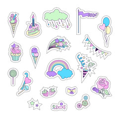 Unicorn multicolor stickers with fireworks, stars, cake, sweets, ice-cream, cloud, balloons and flag