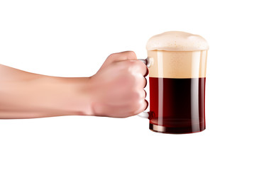 Hand Holding A Glass Of Cold Beer With Full Foam. Realistic hand with beer on white background.