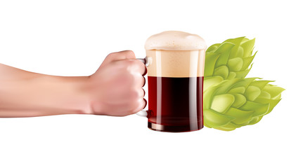 Hand Holding A Glass Of Cold Beer With Full Foam. Realistic hand with beer on white background.