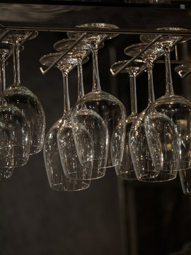 Wine glasses on hanging rack