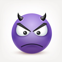 Smiley,devil angry emoticon. Yellow face with emotions. Facial expression. 3d realistic emoji. Funny cartoon character.Mood. Web icon. Vector illustration.