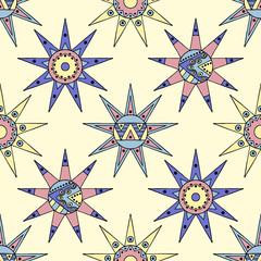 Vector seamless hand drawn pattern, decorative stylized vintage childish tribal sun with lights. Doodle style, tribal graphic illustration Line drawing. Series of doodle, cartoon, sketch illustrations - 158392236