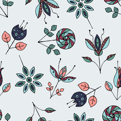 Vector seamless hand drawn pattern, decorative stylized childish flowers Doodle style, graphic illustration Ornamental cute hand drawing Series of doodle, cartoon, sketch illustrations - 158392260