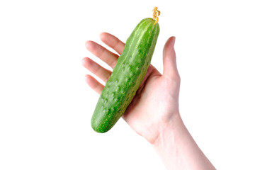 Woman hand holding green cucumbers isolated on white