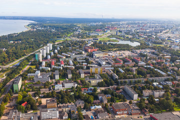 Aerial cityscape of central part of Tallinn, living blocks, parks.