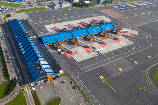 TALLINN, ESTONIA - AUGUST, 15, 2016: Aerial view of airport terminal and gates.