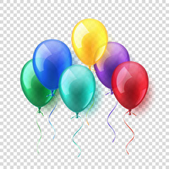 Transparent Isolated Realistic Colorful Glossy Flying Air Balloons set. Birthday party. Ribbon.Celebration. Wedding or Anniversary.Vector Illustration.
