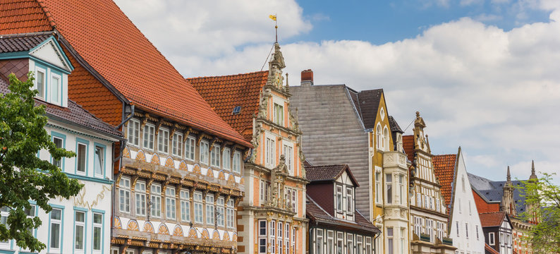 Panorama of colorful historic facades in the center of Hameln