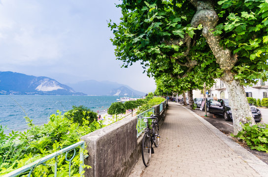 View of Maggiore lake and promenade at summer day, Italy